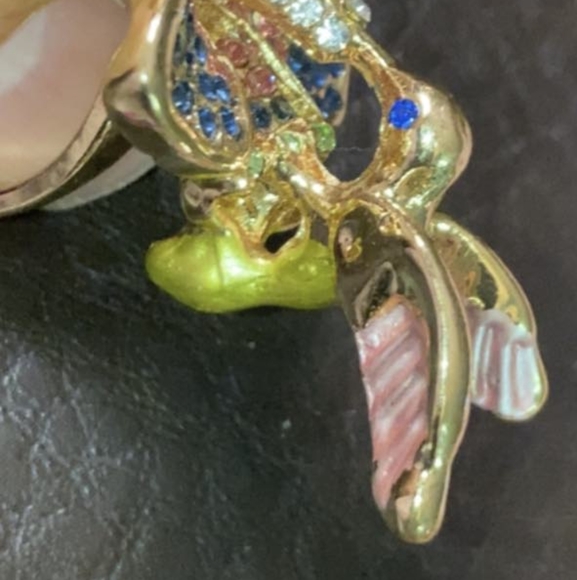 RING - HIBISCUS FLOWER HUMMINGBIRD RHINESTONE ENAMEL GOLD TONE SIZE 7 - Picture 11 of 13